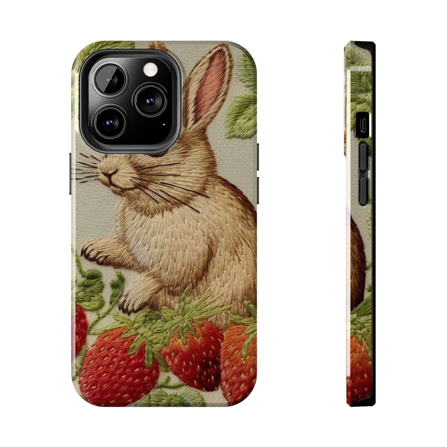 Strawberry Bunny Rabit - Embroidery Style - Strawberries Fruit Munchies - Easter Gift - Tough Phone Cases