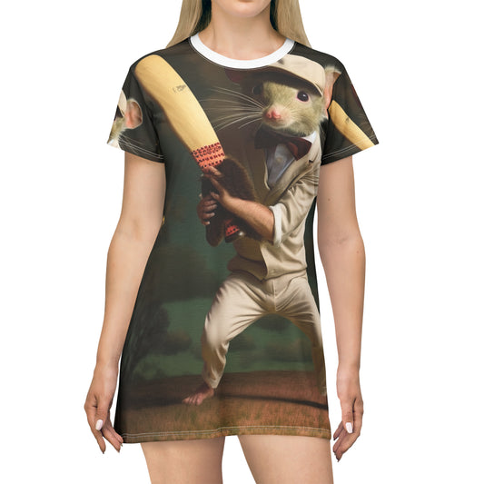 Mouse Cricket Batting, Wicket, Ball Hitting Stump, Howzat Moment - T-Shirt Dress (AOP)