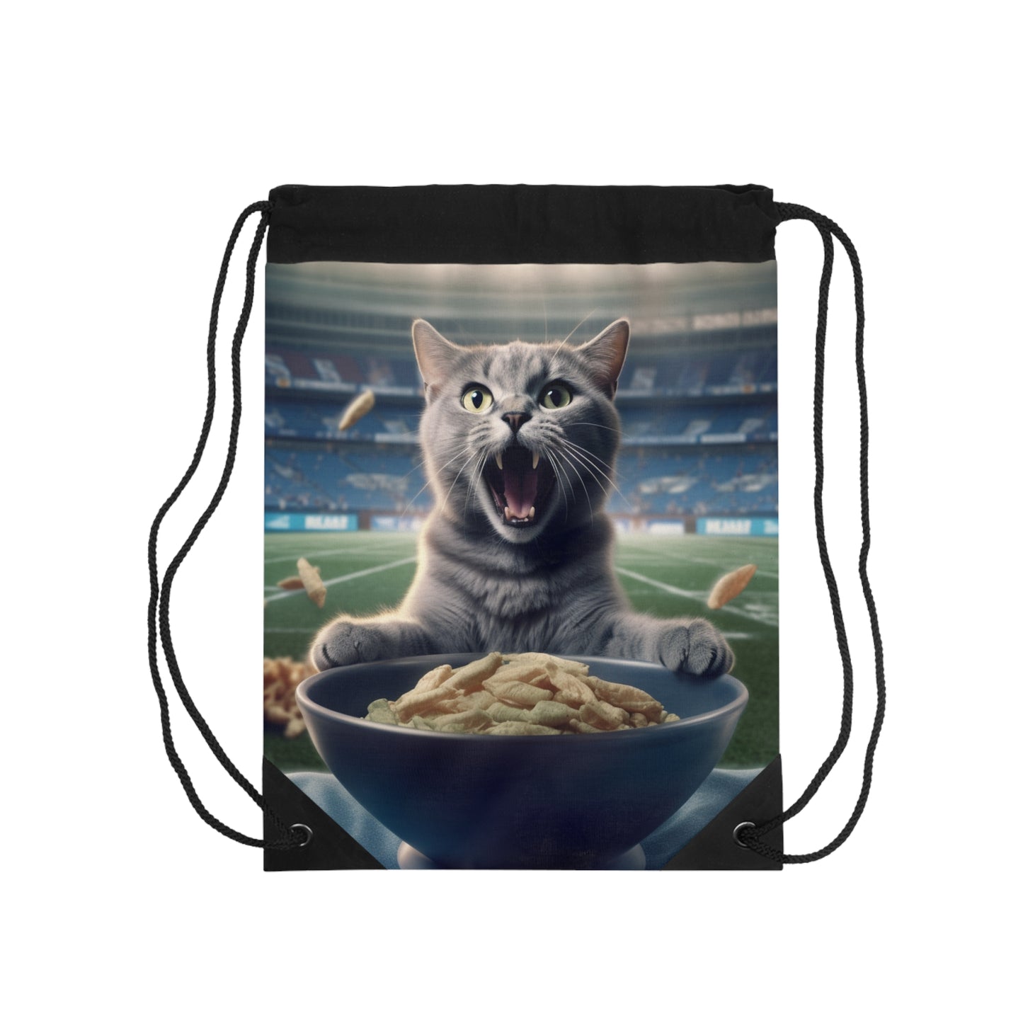 Halftime Football Feline: Screaming Sports Fan Cat Stadium Food Kitten - Drawstring Bag