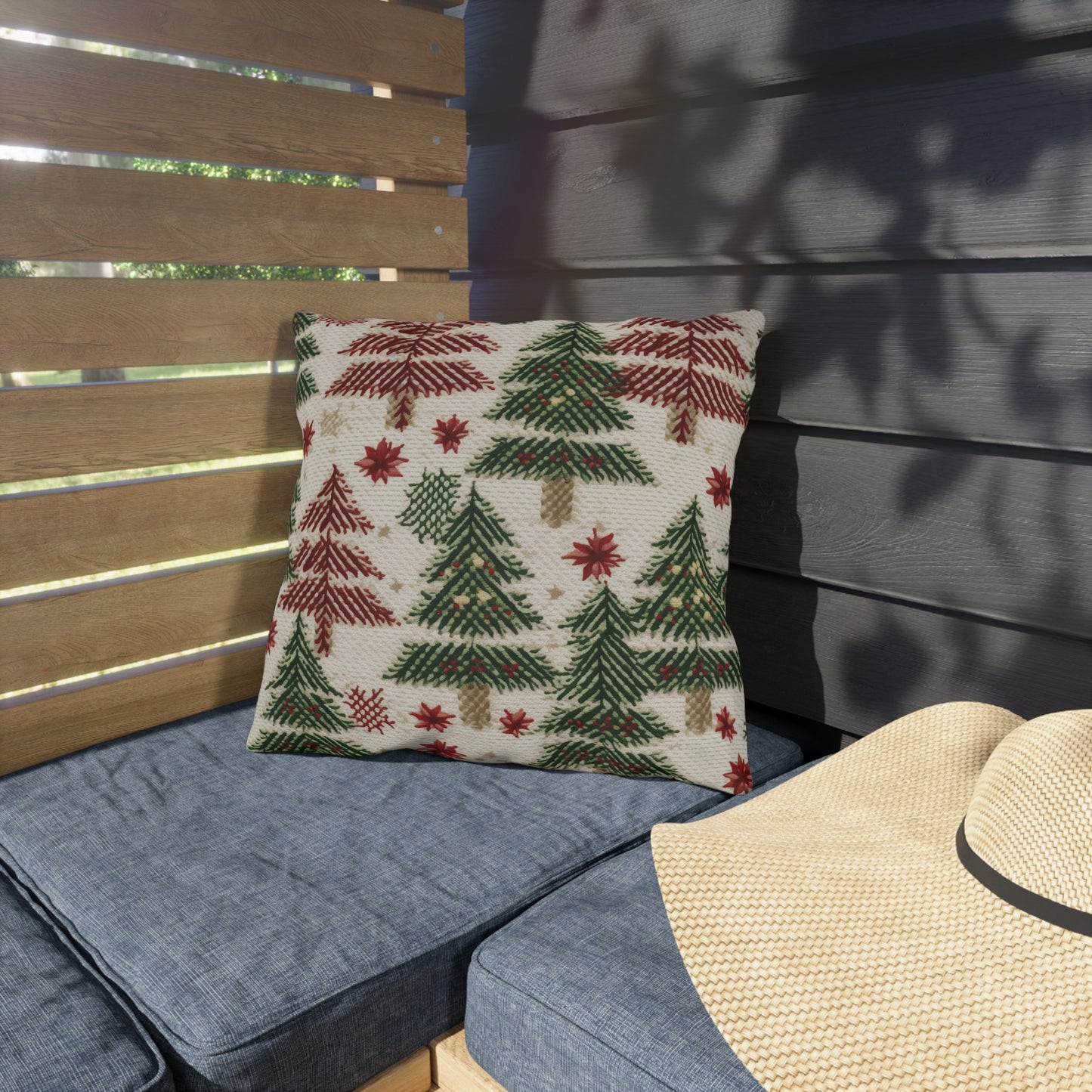 Embroidered Christmas Winter, Festive Holiday Stitching, Classic Seasonal Design - Outdoor Pillows