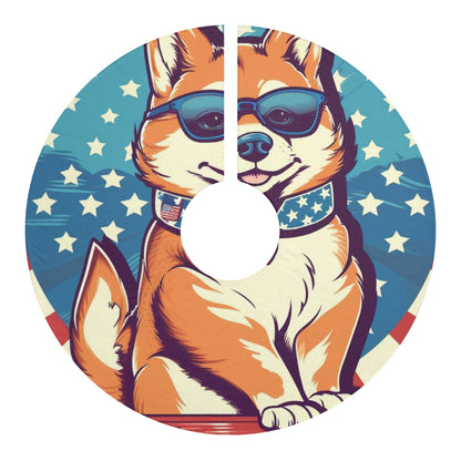 Patriotic Shiba Inu Retro Cartoon -Synthwave Summer Animation - Christmas Tree Skirts