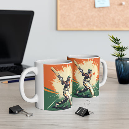 India Cricket Star: Batsman With Willow Bat, National Flag Style - Sport Game - Ceramic Mug 11oz