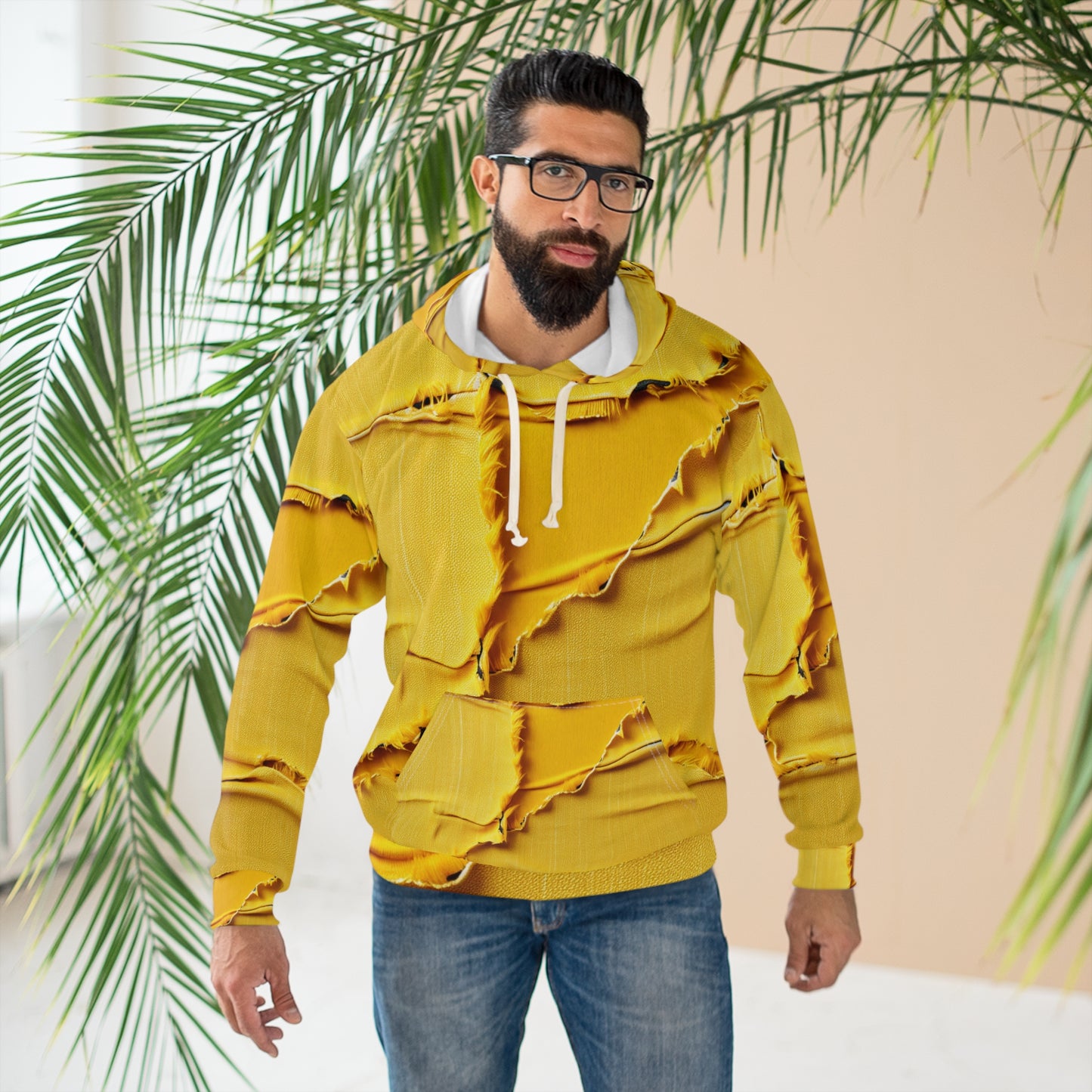 Banana Yellow Lemon: Bold Distressed, Denim-Inspired Fabric - Unisex Pullover Hoodie (AOP)