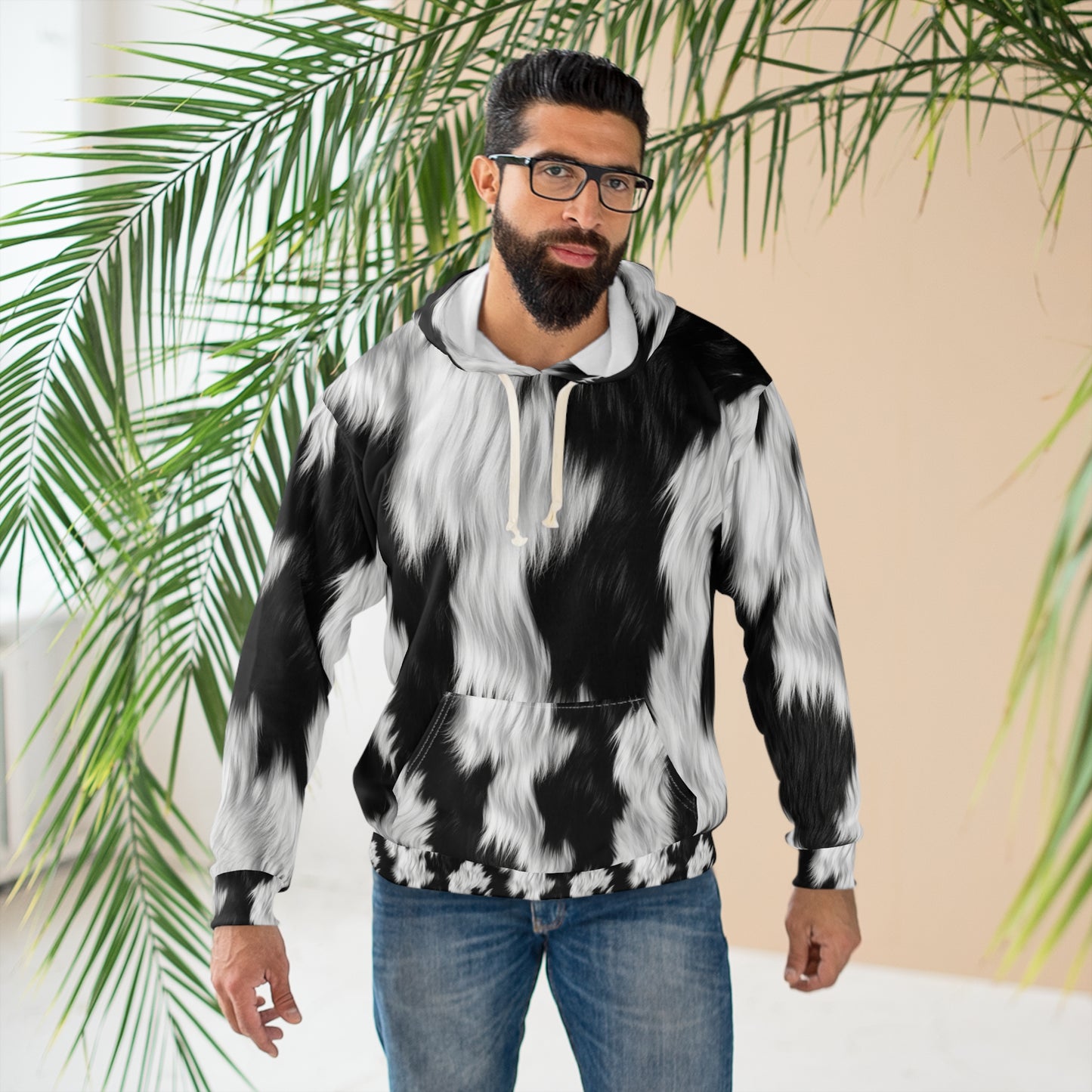 Cowhide on Hair Leather - Black and White - Designer Style - Unisex Pullover Hoodie (AOP)