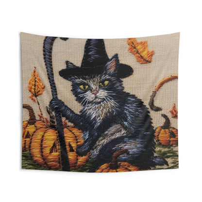 Halloween Cat Magic: Embroidered Style Feline with Pumpkins & Witch Hat - Indoor Wall Tapestries