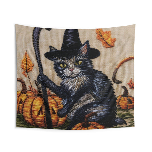 Magia de Gatos de Halloween: Felino Estilo Bordado con Calabazas y Gorro de Bruja - Tapices de Pared Interior 