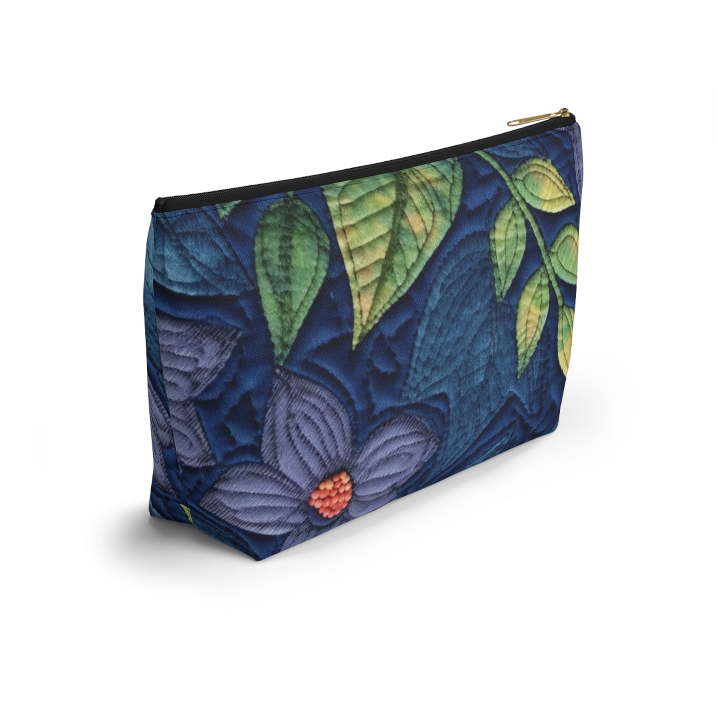 Floral Embroidery Blue: Denim-Inspired, Artisan-Crafted Flower Design - Accessory Pouch w T-bottom