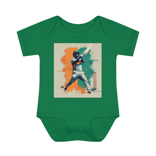 Cricket Batsman, Ball Strike, Indian Flag Color Background - Street Style - Infant Baby Rib Bodysuit