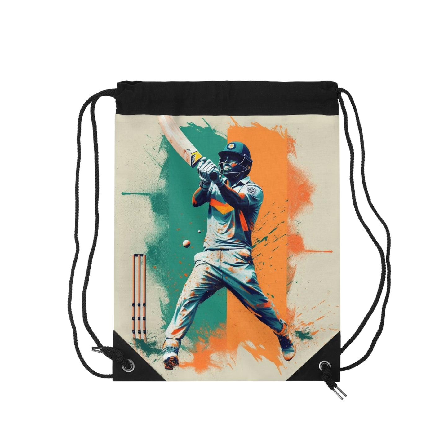 Cricket Batsman, Ball Strike, Indian Flag Color Background - Street Style - Drawstring Bag