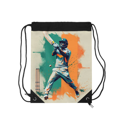 Cricket Batsman, Ball Strike, Indian Flag Color Background - Street Style - Drawstring Bag