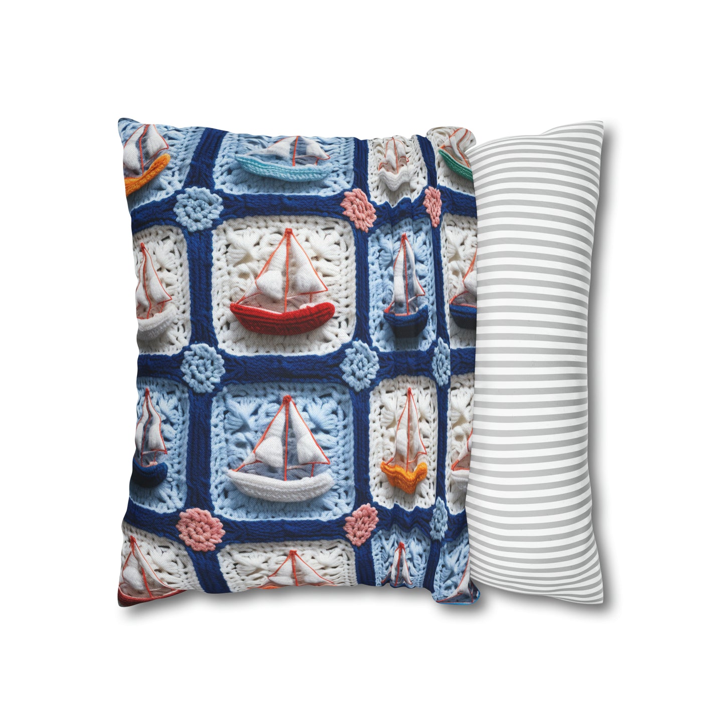 Crochet Boat Ship Sea Vessel Ocean Beach Travel Yacht Design - Spun Polyester Square Pillow Case