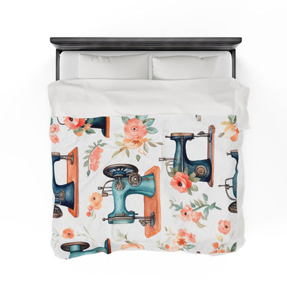 Watercolor Sewing Machines & Floral Bouquets: Antique Feminine Minimalist Styling - Velveteen Plush Blanket