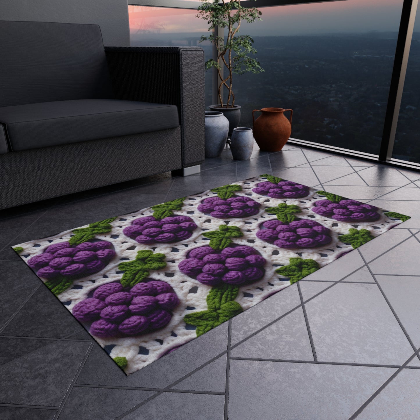 Crochet Grapes Pattern - Granny Square Design - Fresh Fruit Pick - Orchard Purple Snack Food - Outdoor Rug