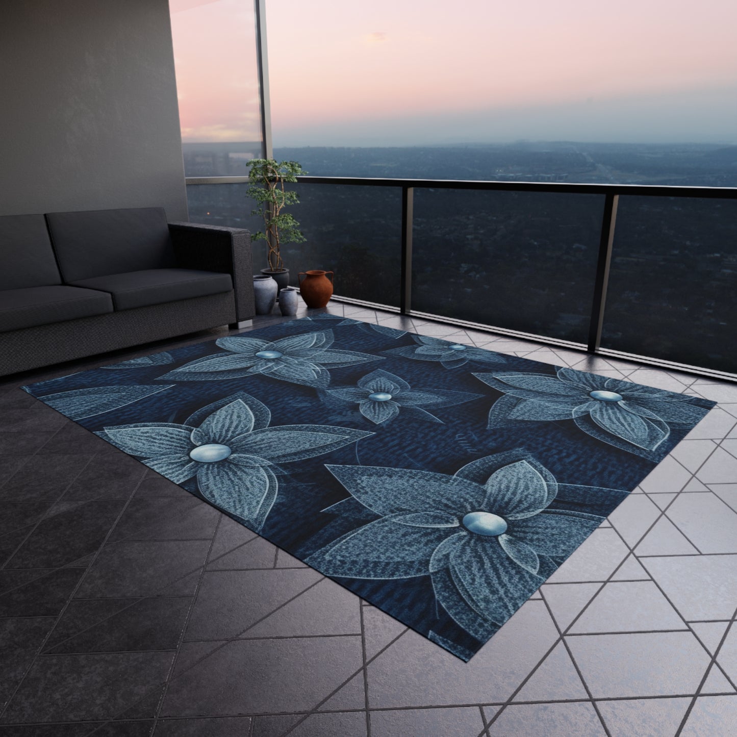 Hawaiian Flower Design - Denim-Inspired Decor Piece - Outdoor Rug