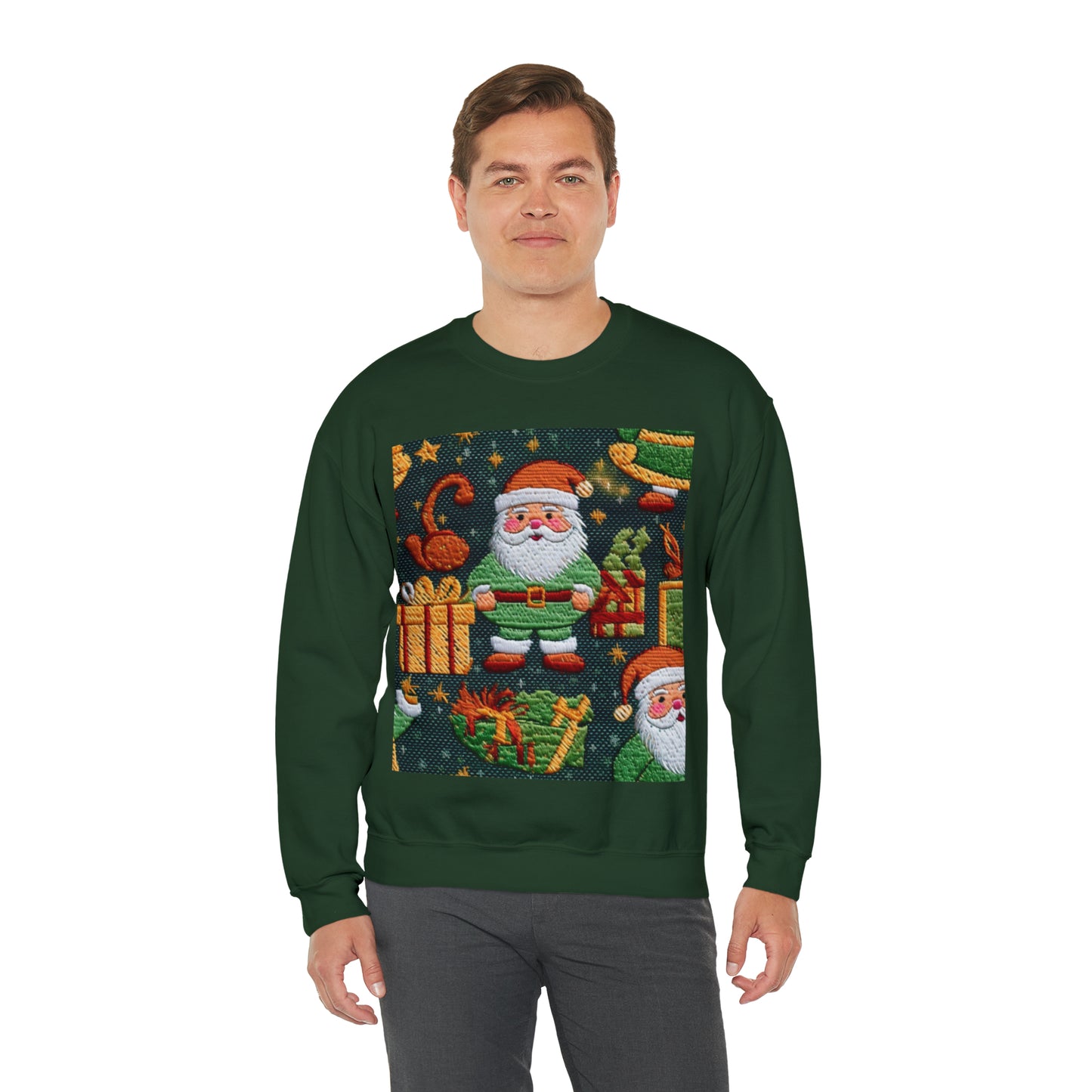 Christmas Santa Claus - Embroidered Presents - Festive Winter Wonderland - Deck the Halls Design - Unisex Heavy Blend™ Crewneck Sweatshirt