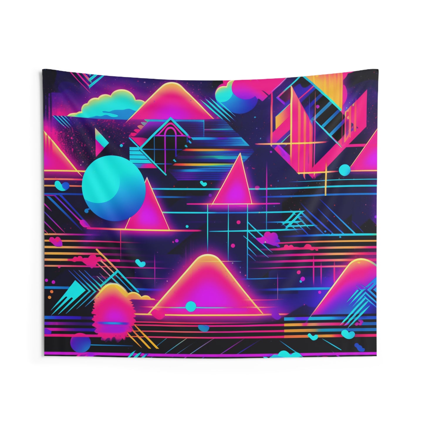 Tapices de pared para interiores con diseño de patrones inspirados en el estilo retrofuturista de Synthwave de los años 80