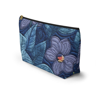 Floral Embroidery Blue: Denim-Inspired, Artisan-Crafted Flower Design - Accessory Pouch w T-bottom