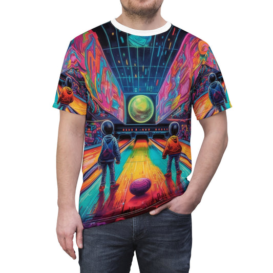 Trippy Bowling Alley: Retro-Futuristic Pin Strike Zone - Unisex Cut & Sew Tee (AOP)