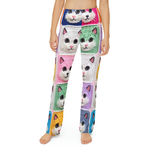 Crochet Cat, Summer Cotton, Feline, Retro Cat Cardigan, Kitten Crochet Cotton Creation - Kids Pajama Pants (AOP)