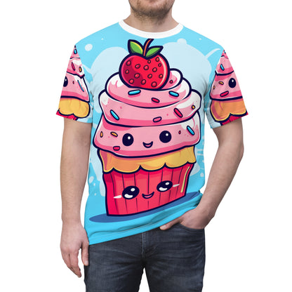 Strawberry Delight – かわいいカップケーキアート – 甘いアニメマンガデザートチャーム – ユニセックスカットソーTシャツ (AOP) 