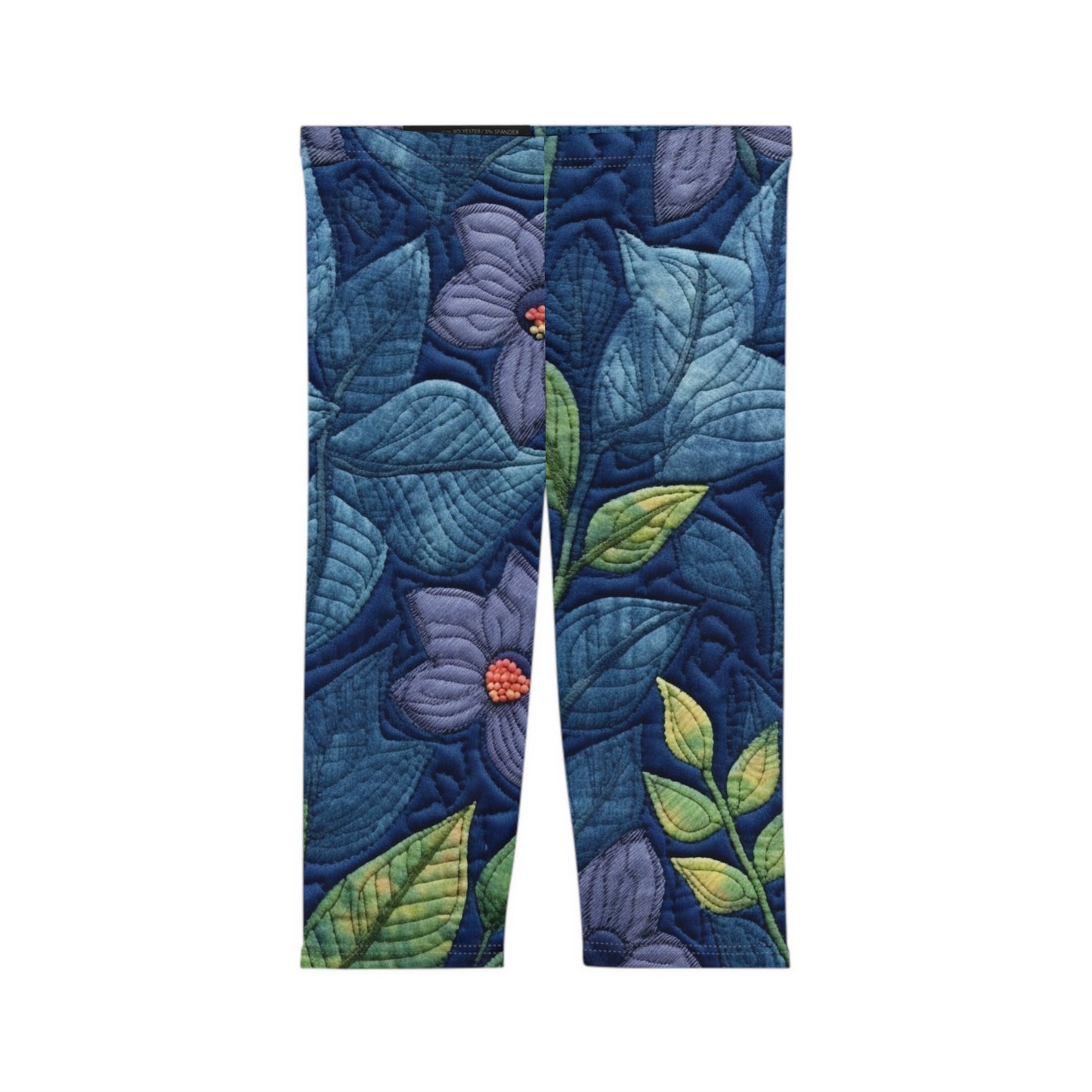 Floral Embroidery Blue: Denim-Inspired, Artisan-Crafted Flower Design - Women’s Capri Leggings (AOP)