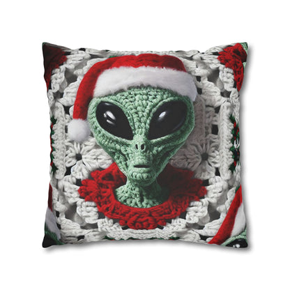 Santa's Cosmic Secret: Jolly Green Christmas Extraterrestrial with Festive Attire Crochet Art - Spun Polyester Square Pillow Case