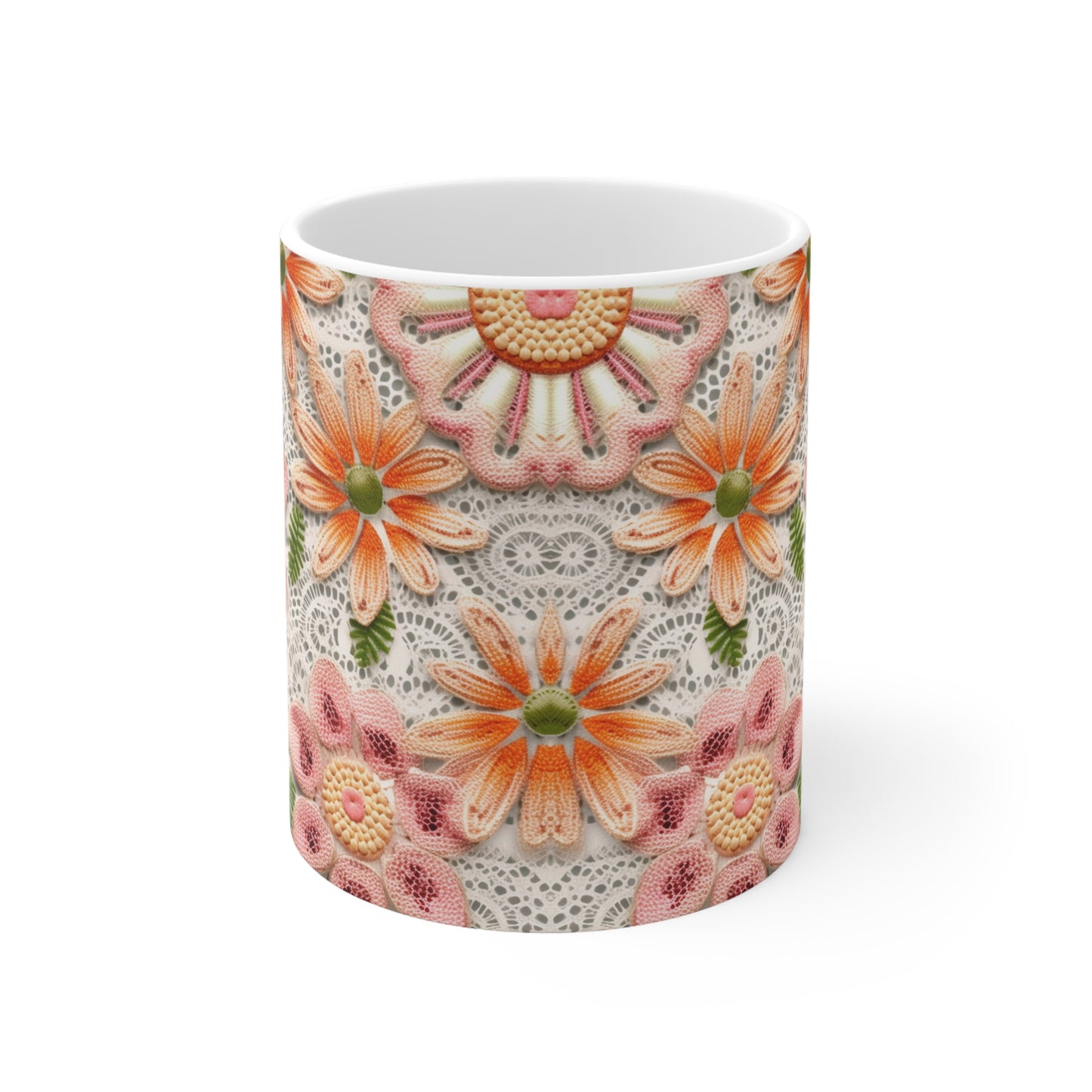 Floral Embroidered Eyelet: Delicate Flower Elegant Pattern - Ceramic Mug 11oz