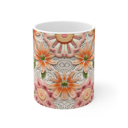 Floral Embroidered Eyelet: Delicate Flower Elegant Pattern - Ceramic Mug 11oz