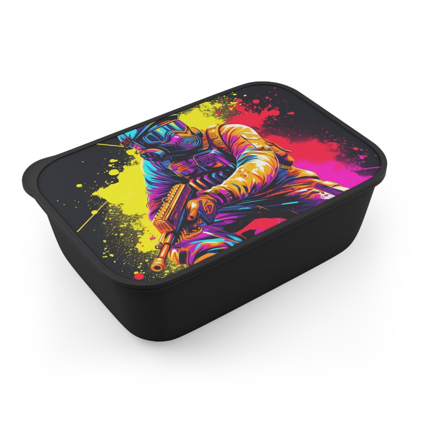 Paintball Action Sport: Player in Battle, Paint Splatter - PLA Bento Box with Band and Utensils