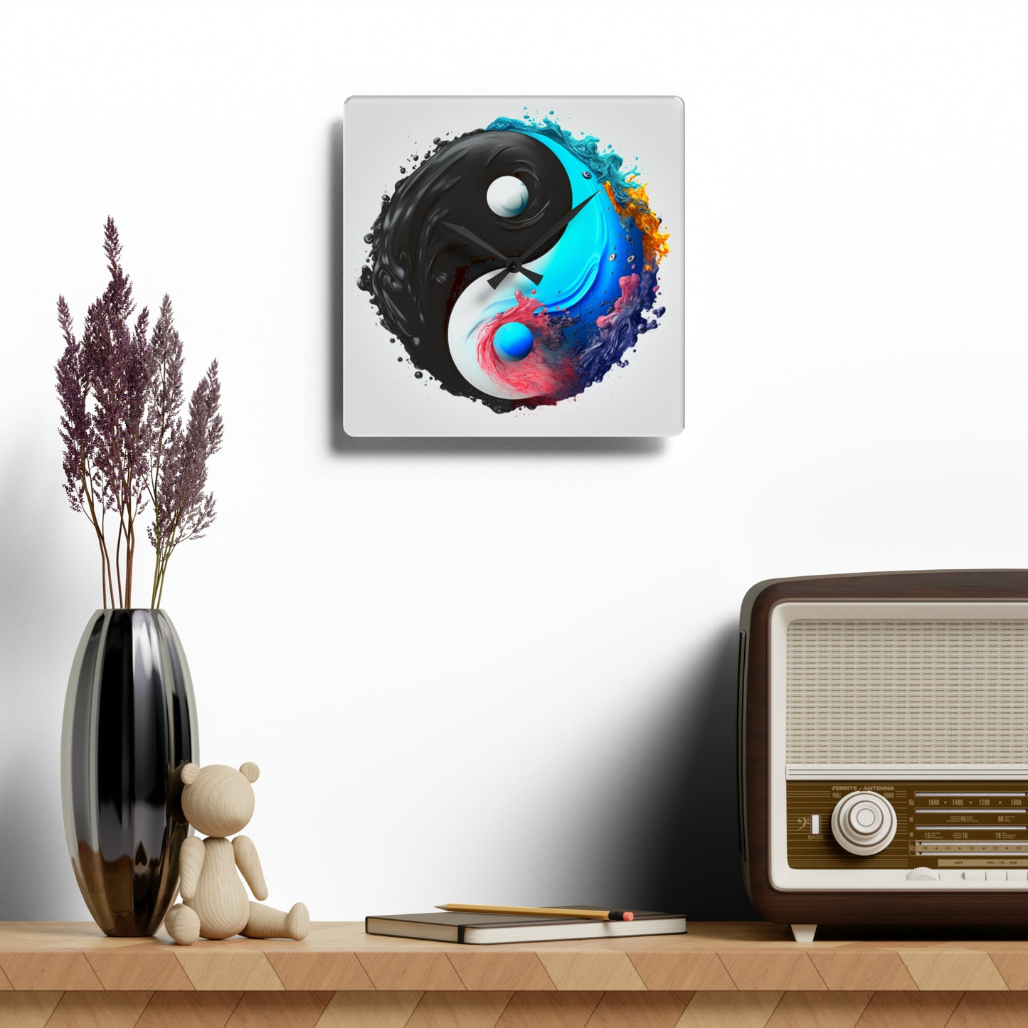 Yin Yang Symbol, Colorful Paint Style - Artistic Decor - Acrylic Wall Clock