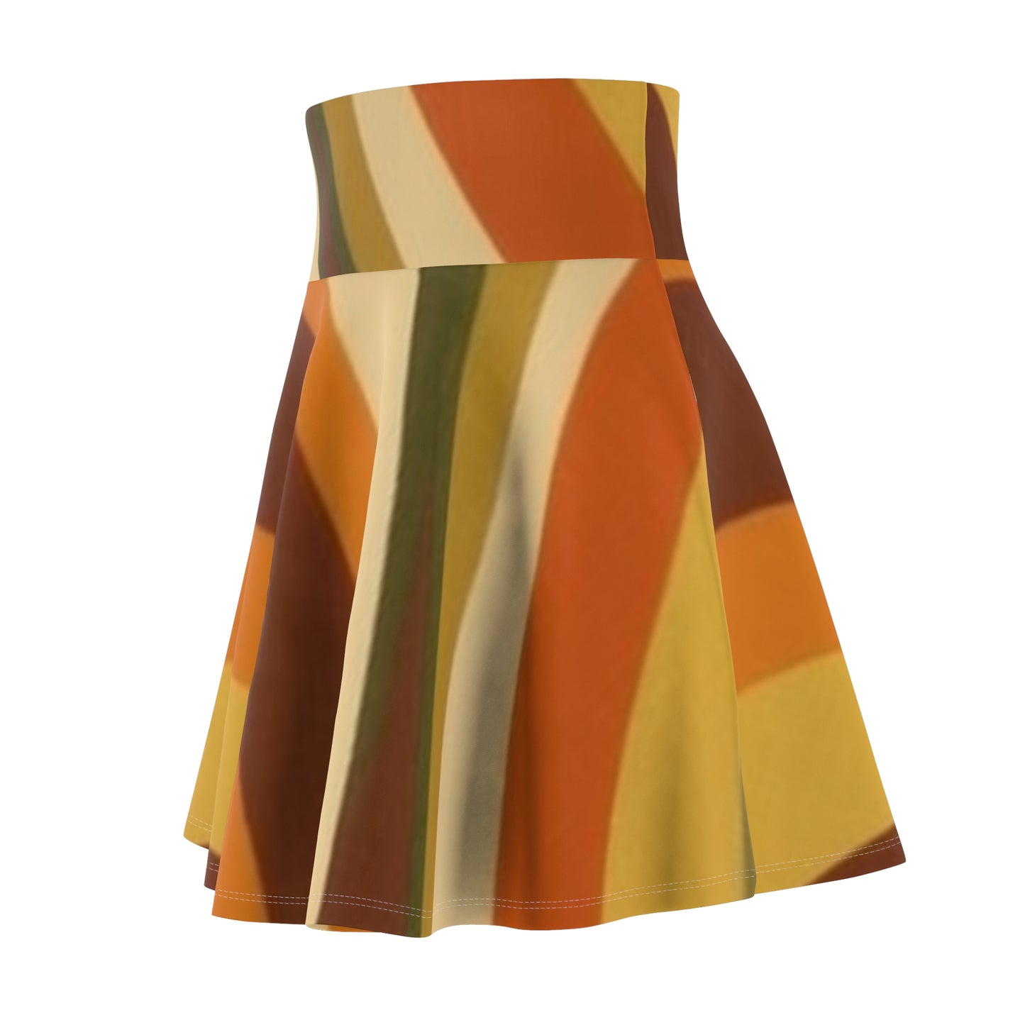 Groovy 1970s Mod-Inspired Women's Skater Skirt (AOP) in Bold Orange, Green, Rust, Gold, and Beige