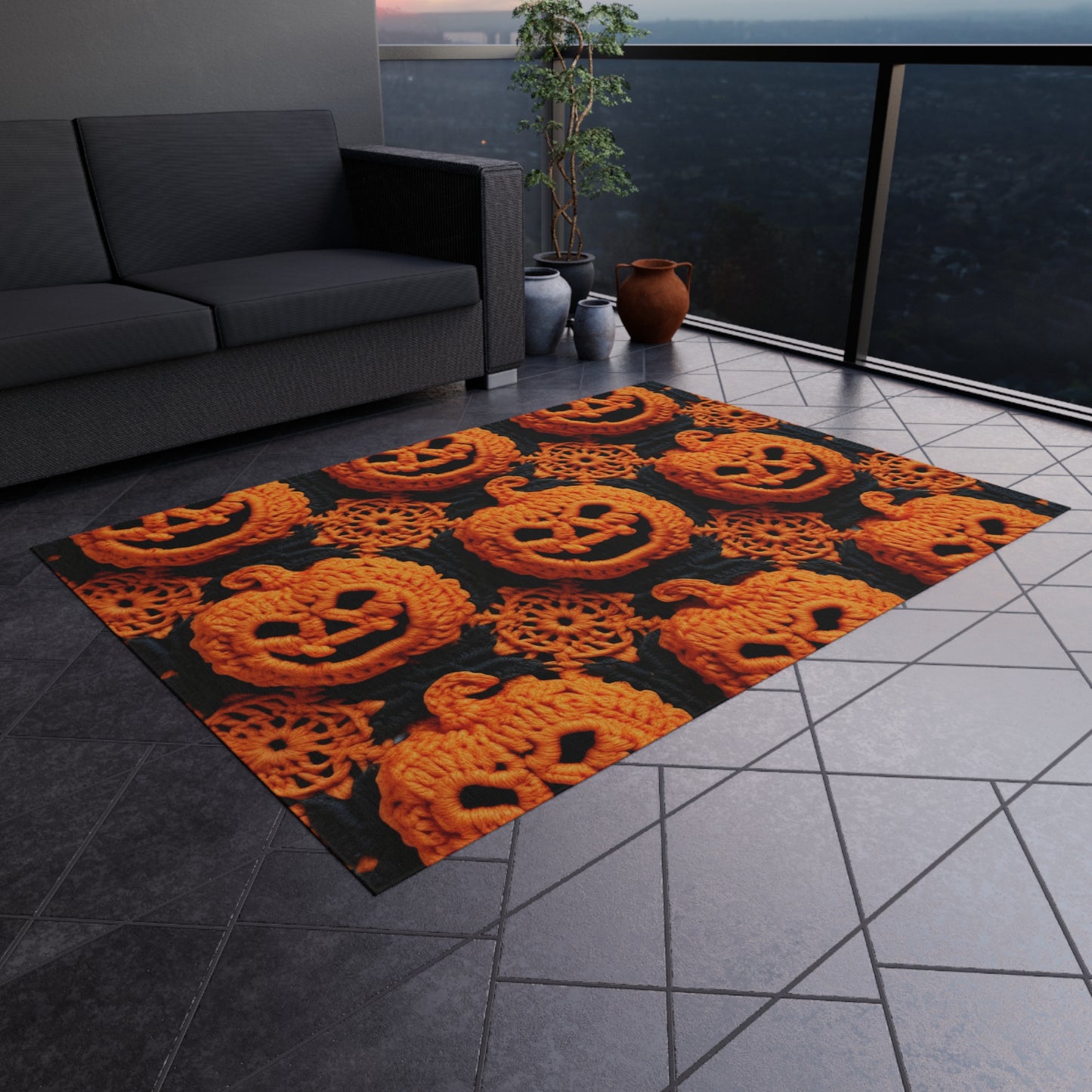 Halloween Crochet Pumpkin Scary Horror Festive Holiday Pattern - Outdoor Rug