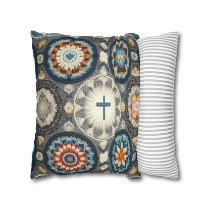 Bohemian Crochet Mandala with Centered Christian Cross - Earthy Tones Mosaic - Spun Polyester Square Pillow Case