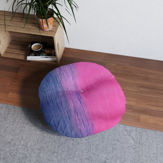 Dual Delight: Half-and-Half Pink & Blue Denim Daydream - Tufted Floor Pillow, Round