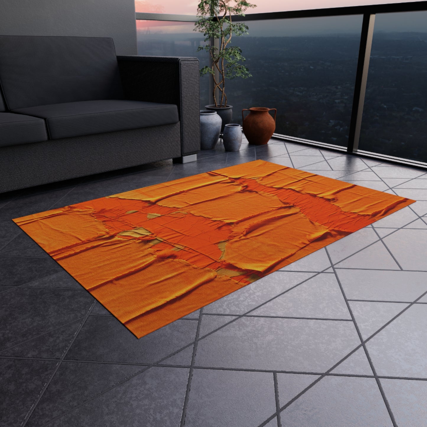 Fiery Citrus Orange: Edgy Distressed, Denim-Inspired Fabric - Outdoor Rug