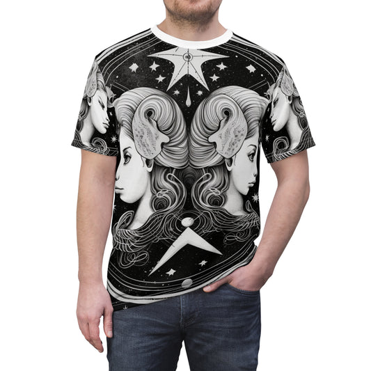 Gemini Zodiac Twins Design - Celestial Astrology Theme - Unisex Cut & Sew Tee (AOP)