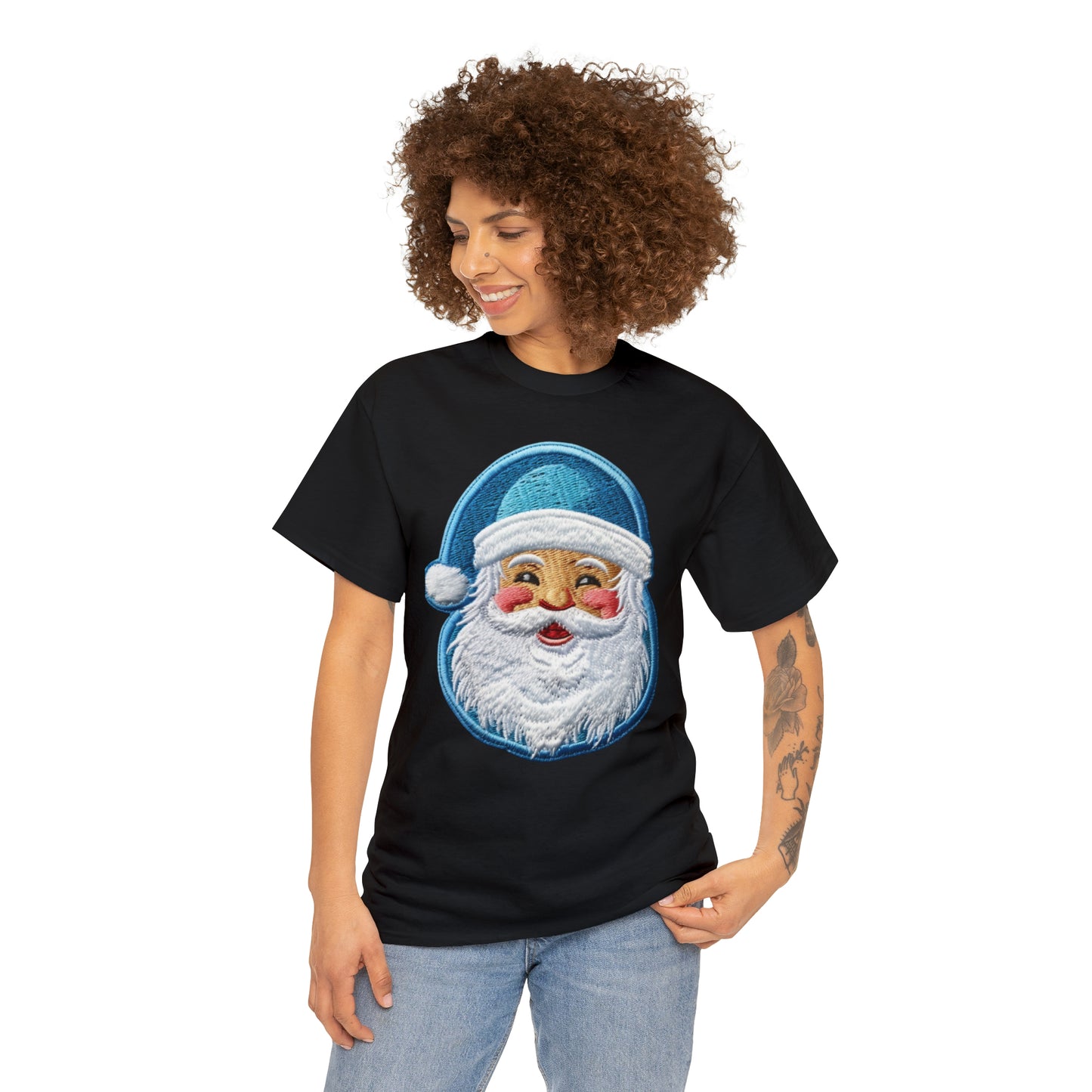 Christmas Santa Chenille - Embroidered Festive - Holiday Patch Design - Unisex Heavy Cotton Tee