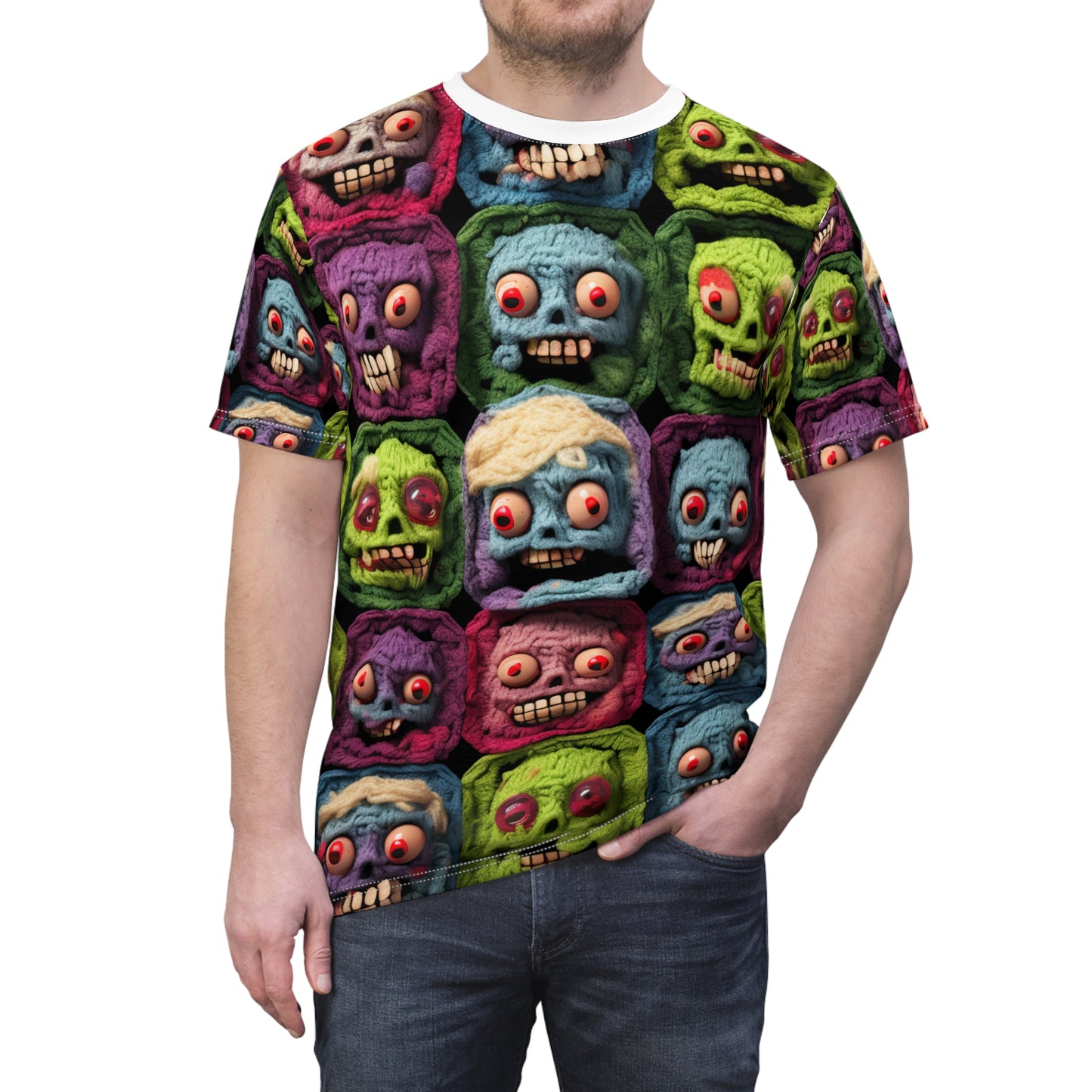 Zombie Crochet Halloween Spooky Holiday Festive Horror Living Dead - Unisex Cut & Sew Tee (AOP)