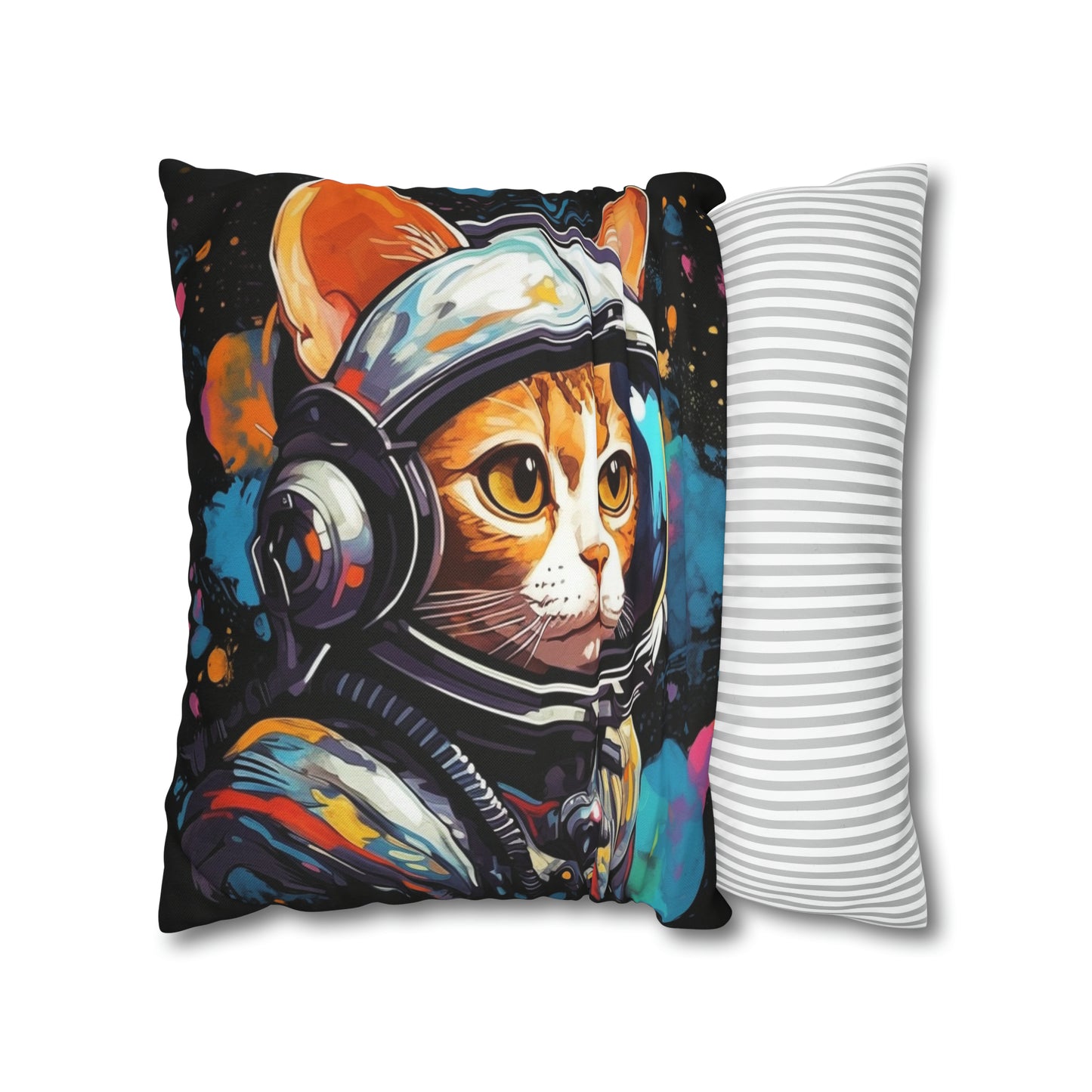 Astro Cat Adventure Feline - Pop Art, Floating in Cosmic Space - Spun Polyester Square Pillow Case