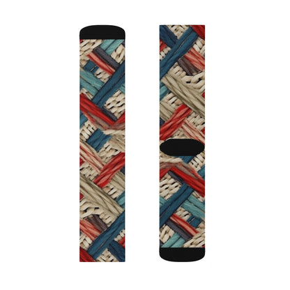 Colorful Yarn Knot: Denim-Inspired Fabric in Red, White, Light Blue - Sublimation Socks