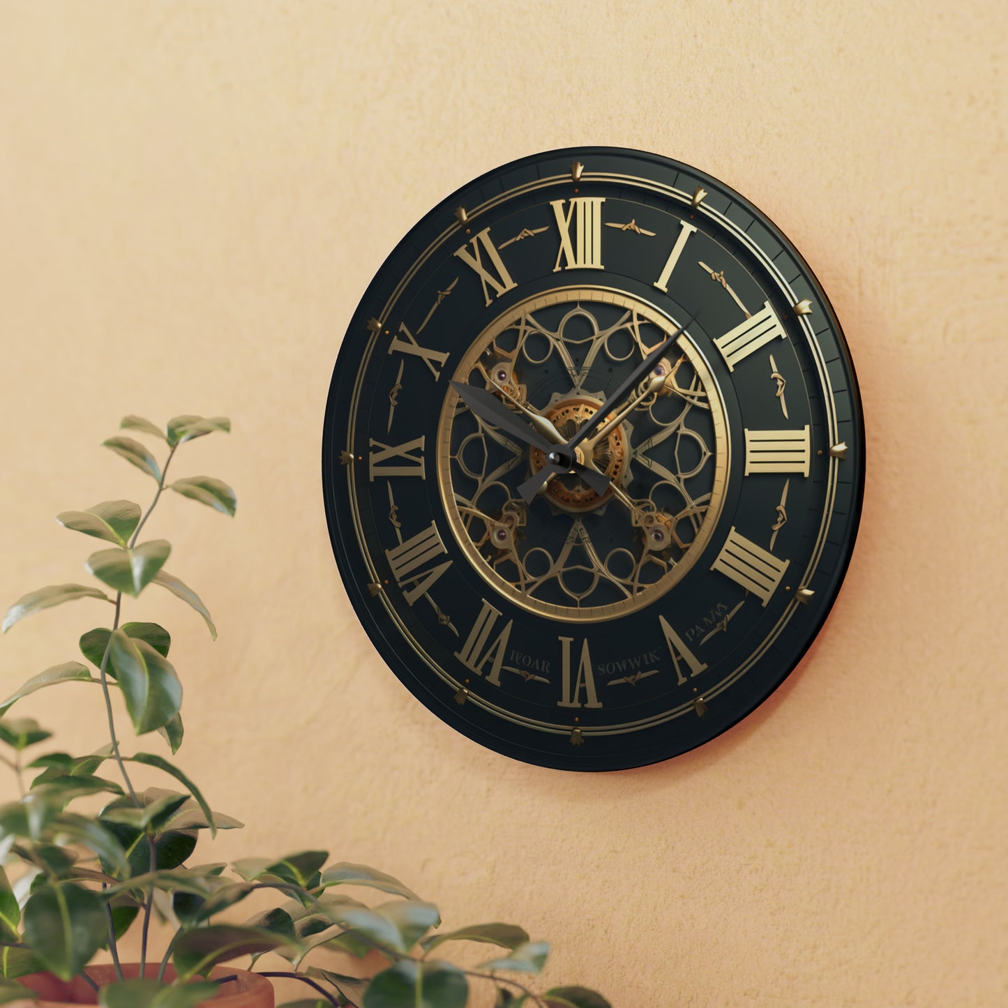 Gold Trim sophisticated clock with romanian numbers, Acrylic Wall Clock