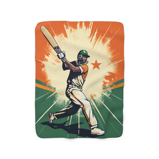 India Cricket Star: Batsman With Willow Bat, National Flag Style - Sport Game - Sherpa Fleece Blanket