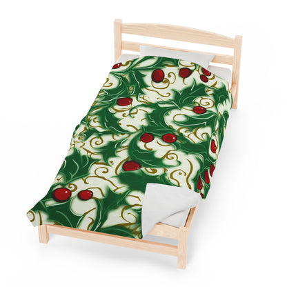 Holiday Elegance: Christmas Holly Swirls Design - Velveteen Plush Blanket