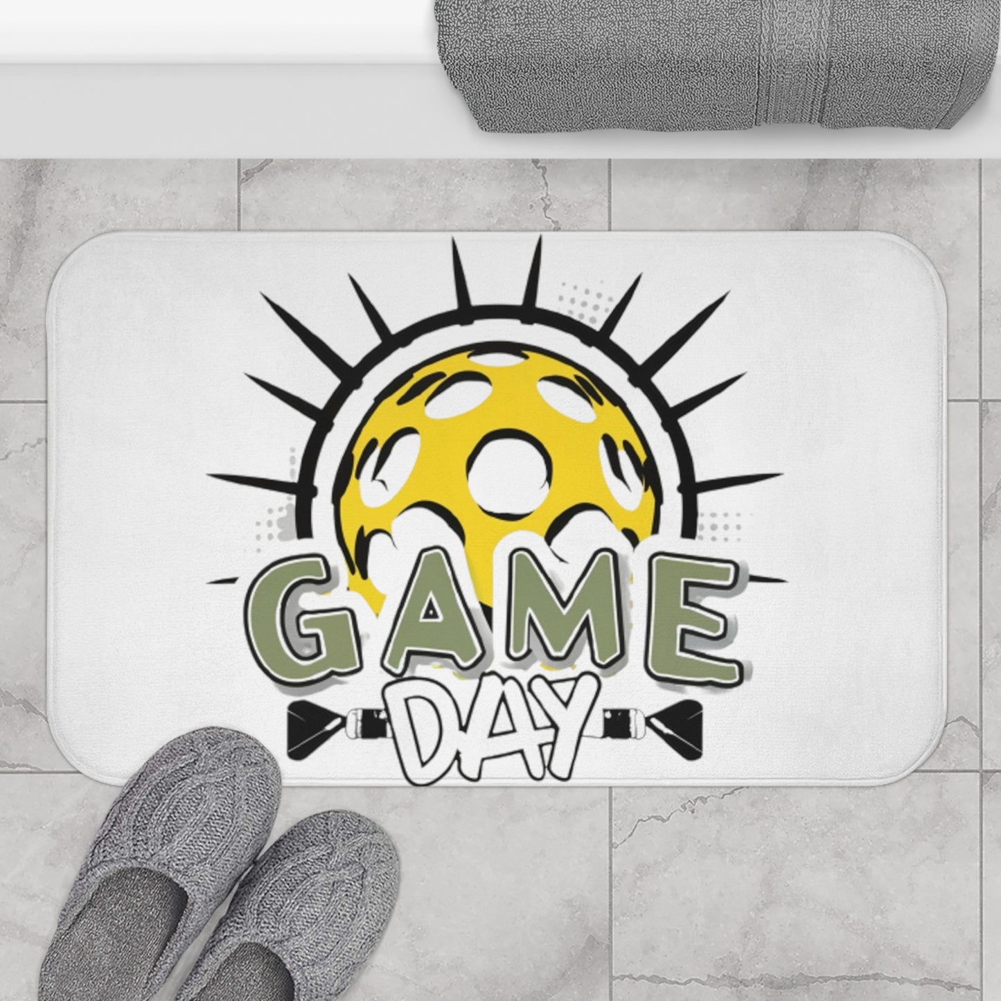 Radiant Pickleball Emblem with Dynamic Sunburst and Game Day Lettering - Bath Mat