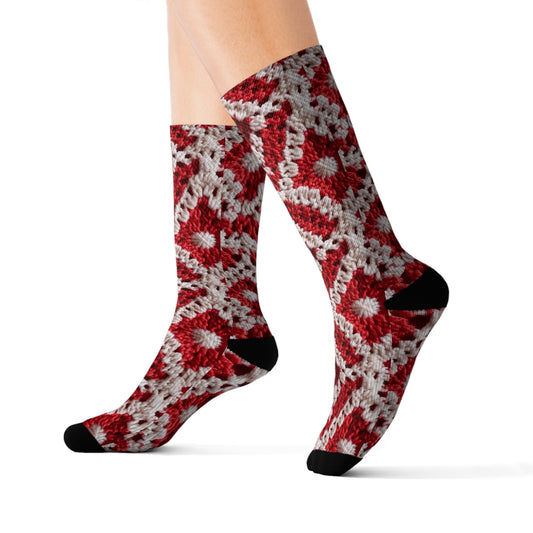 Warm Winter Red & White Crochet Knit: Cinematic Chic Texture Design - Sublimation Socks