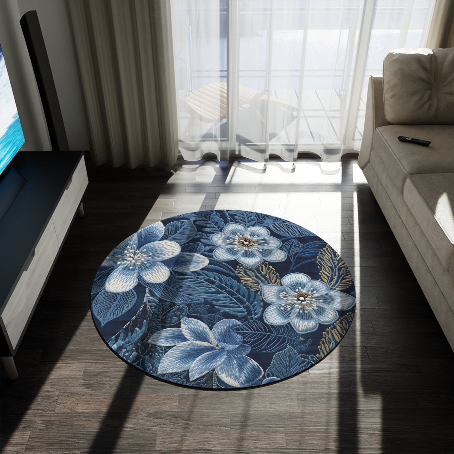 Flower Blossom Embroidery Floral on Denim Style - Round Rug