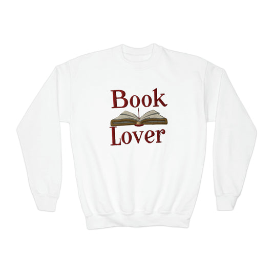 Open Book Embroidery Art: Book Lover Text for Avid Readers - Youth Crewneck Sweatshirt