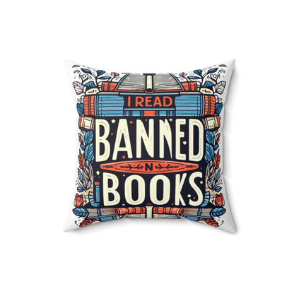 I Read Banned Books - Emblematic Floral Book Stack - Spun Polyester Square Pillow