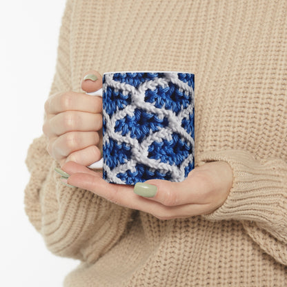 Blueberry Blue Crochet, White Accents, Classic Textured Pattern - Ceramic Mug 11oz