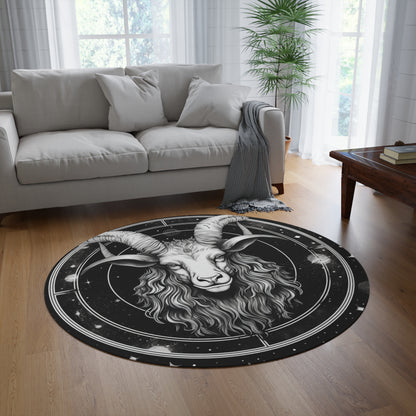 Capricorn 5ft Round Rug, Zodiac Black White Goat Design, Durable Chenille